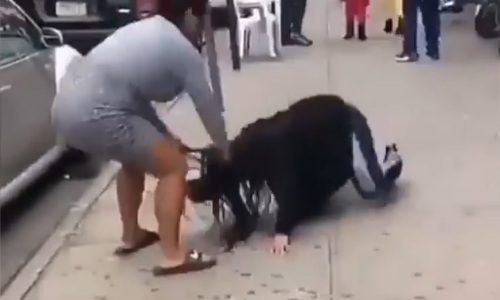 Fighting women in the middle of the street in broad daylight with many breasts outside.