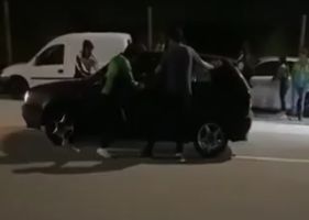Guys are crushed by speeding car.