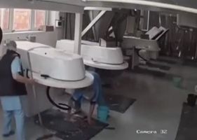 Woman turns on a machine that looks like a giant blender just as another employee was cleaning it! Instant death!