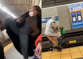 Young woman kicks elderly woman on subway platform who fell on the tracks and almost runs the risk of being run over by a train.