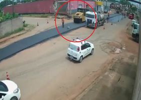 Inattentive man is run over and crushed by steamroller in Brazil.