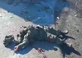 Alleged Russian soldier killed and Russian equipment destroyed in North Kharkiv, Ukraine.